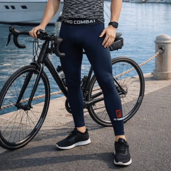 Hombre en el muelle despues de ir a pasear en bicicleta usando leggings de compresión negros Pro Combat con el logotipo rojo de Fit Fornes en el tobillo y banda elástica en la cintura.